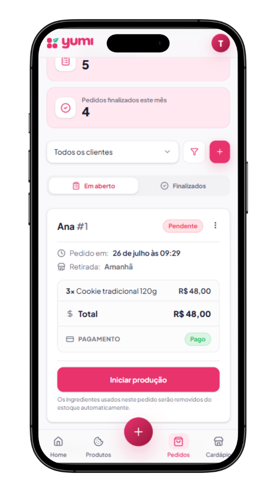 Gestão de pedidos no app Yumi